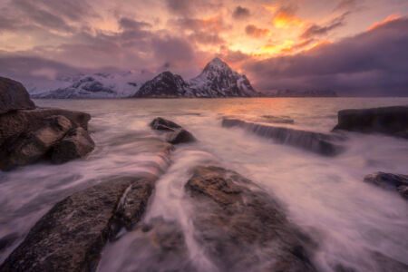 Sunset at one of the popular locations around Lofoten Lofoten, Norway, Vareid
