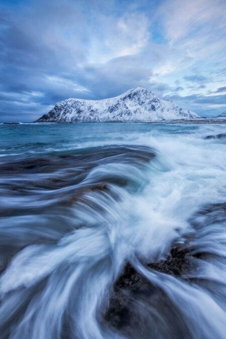 Water motion at the popular Skagsanden beach in Lofoten Skagsanden, Lofoten, Norway