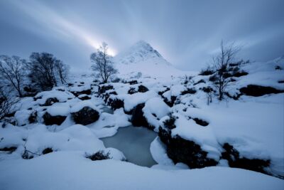 The iconic peak of Buachaille Etive Mòr on a calm winter's evening Buachaille Etive Mòr, Scotland, Glen Etive, Glencoe, Scottish Highlands