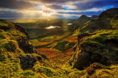 An epic sunrise over the Isle of Skye from the Quiraing Quiraing, Isle of Skye, Scotland