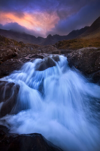 An intense sunset on the Isle of Skye Fairy Pools, Isle of Skye, Scotland