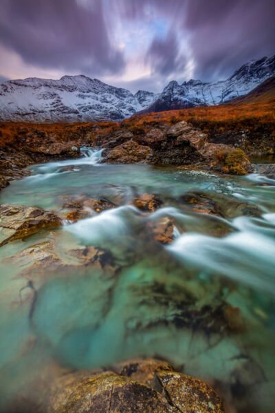Moody long exposure at twilight on the Isle of Skye Fairy pools, Isle of Skye, Scotland