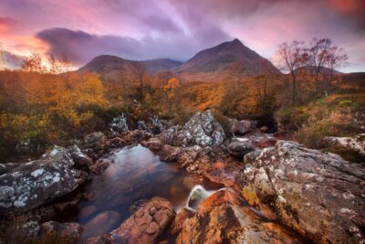 Peak autumn colour in the Scottish Highlands Glencoe, Glen Etive, Scotland, Scottish Highlands