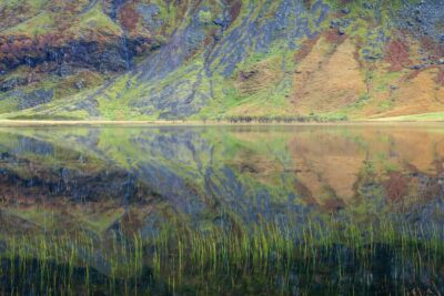 Autumn foliage adding a splash of colour at a perfectly still loch in Glencoe Glencoe, Scotland, Scottish Highlands, Loch Achtriochtan