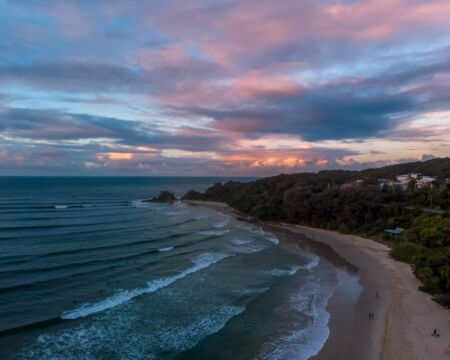 Sunset over the waves of the Pass rolling into Clarke's Beach in Byron Bay Byron Bay, Clarke's Beach, The Pass, surfing, New South Wales