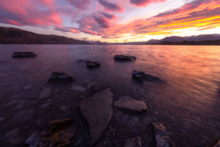 Blazing sunrise over Lake Tekapo Lake Tekapo, New Zealand