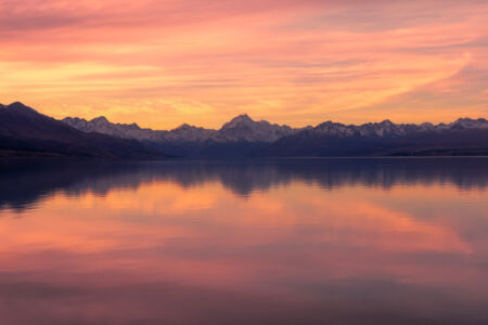 A still reflection of Aoraki at sunset Lake Pukaki, Aoraki, Mount Cook