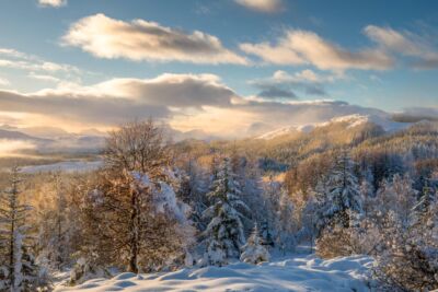 The beautiful view of the winter sun gilding fresh snow on the Scottish Highlands Scotland, winter, Scottish highlands, Invergarry
