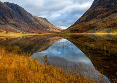 A calm autumn day in the Scottish Highlands Glencoe, Scotland, Scottish Highlands, Loch Achtriochtan